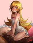  :o artist_name bakemonogatari bare_legs bare_shoulders barefoot blonde_hair blush brown_eyes collarbone covered_nipples doughnut dress flat_chest food full_body icing lips long_hair looking_at_viewer monogatari_(series) open_mouth oshino_shinobu oversized_object own_hands_together parted_lips pointy_ears sitting sleeveless sleeveless_dress soles solo sprinkles sundress sweets toes v_arms vampire very_long_hair wariza white_dress zorafi 