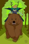  adventure_time antlers archer bear boots bow charging cloak clothed clothing danger eye_mask footwear gloves green_eyes green_sclera green_skin heel_boots hood horn huntress_wizard kairu-hakubi laced_boots leaf leaf_hair leaning leaning_forward legwear looking_at_viewer mammal mount riding riding_bear running tunic 