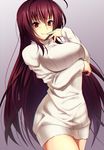  dress emanon123 fate/grand_order fate_(series) finger_to_mouth highres long_hair purple_hair red_eyes ribbed_sweater scathach_(fate)_(all) scathach_(fate/grand_order) smile solo sweater sweater_dress very_long_hair 