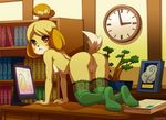  all_fours animal_crossing anthro bent_over black_eyes blonde_hair blush breasts butt canine clock clothed clothing desk dog female fur hair isabelle_(animal_crossing) legwear looking_at_viewer looking_back mammal nintendo on_desk presenting presenting_hindquarters pussy raised_tail rear_view socks solo topless unknown_artist video_games yellow_fur 