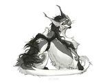  2016 ambiguous_gender belt cat claws dragon duo feline feral fur furred_dragon hair long_hair looking_back mammal monochrome nude paws raesheris riding saddle simple_background size_difference whiskers white_background 