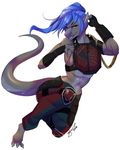  2016 anthro armwear blue_hair blue_tongue claws clothed clothing dragon english_text female grey_scales hair half-closed_eyes long_hair midriff myloveless navel open_mouth pants scales scalie signature simple_background smile solo spikes teeth text toe_claws white_background yellow_eyes 