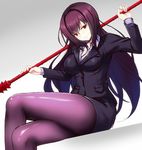  emanon123 fate/grand_order fate_(series) formal gae_bolg long_hair pantyhose pencil_skirt polearm purple_hair red_eyes scathach_(fate)_(all) scathach_(fate/grand_order) sitting skirt skirt_suit smile solo spear suit weapon 