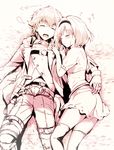 1girl blush closed_eyes djeeta_(granblue_fantasy) drooling feather_(granblue_fantasy) granblue_fantasy grass hairband hand_on_another's_chest hetero jacket kurimomo lying monochrome nose_bubble on_back on_side open_clothes open_jacket open_mouth outdoors short_hair sketch skirt sleeping thighhighs 