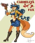  anthro breasts canine carmelita_fox cleavage clothed clothing collar ear_piercing female fox genevieve_tsai gun hair handcuffs high_heels mammal miniskirt official_art piercing police ranged_weapon shackles skirt sly_cooper_(series) solo video_games weapon 