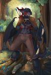  arrow black_fur bow_(weapon) cloak clothing flower forest fur male merrunz pants plant ranged_weapon smile solo tree weapon wings 