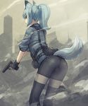  animal_ears ass bee_(deadflow) bike_shorts black_gloves concon-collector fingerless_gloves fox_ears fox_tail glock gloves gun handgun load_bearing_vest muted_color open_mouth pistol ponytail red_eyes silver_hair solo tail trigger_discipline weapon 