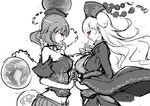  bare_shoulders breasts chain chinese_clothes choker earth_(ornament) facing_another from_side greyscale hat hecatia_lapislazuli holding_hands huge_breasts interlocked_fingers junko_(touhou) large_breasts long_hair midriff miniskirt monochrome moon_(ornament) multiple_girls off-shoulder_shirt pleated_skirt polos_crown raptor7 red_eyes robe shirt simple_background sketch skirt spot_color t-shirt touhou very_long_hair white_background 