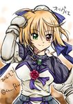  2016 armor armored_dress blonde_hair blush bun_cover character_name dated flower green_eyes hair_bun hair_ribbon heterochromia looking_at_viewer lyrical_nanoha mahou_shoujo_lyrical_nanoha_vivid olivie_segbrecht prosthesis prosthetic_arm raised_fist red_eyes ribbed_sweater ribbon rose san-pon smile solo sweater translated twitter_username 