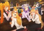  alternate_costume arm_support bar bar_stool bartender belt black_hair blonde_hair blue_eyes blush bottle bow bowtie braid circlet coaster cup double_bun dragon_girl dragon_horns drinking_glass drinking_straw earrings fantasy green_eyes hair_between_eyes hair_ornament hair_rings hairclip haku_(p&amp;d) head_fins headdress horns ice ice_cube indoors jewelry karin_(p&amp;d) leilan_(p&amp;d) long_hair looking_at_viewer looking_back meimei_(p&amp;d) multicolored_hair multiple_girls necktie open_mouth orange_hair plate purple_hair puzzle_&amp;_dragons reflection sakuya_(p&amp;d) smile stool turtle_shell twintails very_long_hair white_hair wine_bottle yellow_eyes yuzutosen 