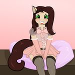  anthro blush brown_hair clothed clothing cute equine female foxfoxplz hair horse legwear lipstick long_hair mammal pillow pony smile socks thigh_highs wide_hips young 