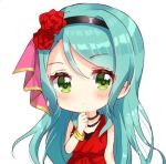  1girl aqua_hair bang_dream! blush bracelet chibi clenched_hand dress flower green_eyes hair_flower hair_ornament hairband hand_on_own_chin hikawa_sayo jewelry long_hair looking_at_viewer lowres nameneko_(124) necklace red_dress red_flower red_rose rose simple_background sleeveless sleeveless_dress solo white_background 