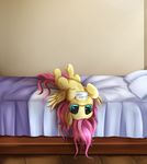  2016 absurd_res bed bedroom cutie_mark english_text equine feathered_wings feathers female feral fluttershy_(mlp) friendship_is_magic hair hi_res hooves inside long_hair lying mammal my_little_pony on_back on_bed pegasus pillow pink_hair pridark solo text wings young 