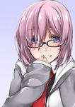  absurdres baron_suzuki black-framed_eyewear blush eyebrows eyebrows_visible_through_hair fate/grand_order fate_(series) glasses hair_over_one_eye hand_to_own_mouth highres hood hooded_jacket jacket long_sleeves looking_at_viewer mash_kyrielight necktie purple_eyes purple_hair red_neckwear short_hair simple_background sleeves_past_wrists smile solo upper_body 