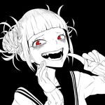  bags_under_eyes bangs blunt_bangs boku_no_hero_academia commentary_request double_bun fangs hand_on_own_face highres index_finger_raised looking_at_viewer red_eyes school_uniform serafuku sidelocks sleeves_past_wrists slit_pupils smile solo spot_color tocky toga_himiko 
