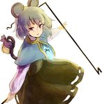  animal_ears annoyed bad_id bad_twitter_id basket capelet dowsing_rod green_hair highres jewelry long_sleeves looking_at_viewer mouse mouse_ears mouse_tail nazrin necklace nuqura outstretched_arms red_eyes short_hair simple_background skirt skirt_set smile solo tail touhou white_background 