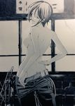  aoi_fuuka bare_back breasts butt_crack comic denim from_behind fuuka greyscale jeans looking_at_viewer looking_back medium_breasts monochrome official_art open_mouth pants seo_kouji short_hair sideboob smile solo standing topless 