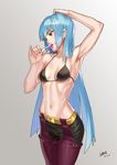  2016 arm_up armpits artist_name bangs belt beret bikini bikini_top black_bikini blue_hair breasts candy chaps collarbone cowboy_shot dated food gradient gradient_background grey_background groin halterneck hand_on_own_head hat head_tilt highres holding holding_food kula_diamond lolik lollipop long_hair looking_away navel no_shirt pants parted_lips pink_lips pinky_out red_eyes sideboob signature small_breasts solo stomach swimsuit the_king_of_fighters toned very_long_hair 