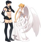  2girls absurdres aconitea angel_wings beads bikini_top bishoujo_senshi_sailor_moon bishoujo_senshi_sailor_moon_sailor_stars black_gloves black_hair blonde_hair blue_eyes blush boots bow breasts cleavage double_bun dress earrings elbow_gloves embarrassed eyes_closed gloves groin hair_beads hair_ornament hair_tubes hand_on_hip highres jewelry multiple_girls navel ponytail princess_serenity sailor_star_fighter seiya_kou short_shorts shorts skirt_hold sweatdrop thigh_boots thighhighs tsukino_usagi twintails white_background white_bow white_dress white_wings wings 