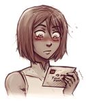  avatar_(series) blush card embarrassed english holding holding_card iahfy korra lowres monochrome postcard solo the_legend_of_korra 