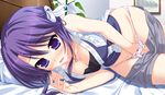  blush breasts cleavage game_cg masturbation mekata_mitsuki moonstone panties princess_evangile purple_eyes purple_hair saeki_nao shorts underwear waifu2x 