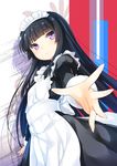  47agdragon android apron black_dress black_hair dress grudge_breaker highres hime_cut juliet_sleeves long_hair long_sleeves looking_at_viewer maid maid_apron maid_headdress official_art original outstretched_hand puffy_sleeves purple_eyes smile solo very_long_hair 