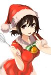  bad_id bad_twitter_id bell black_hair bow cream cream_on_face food food_on_face hat highres looking_at_viewer nuqura pointy_ears red_eyes santa_costume santa_hat shameimaru_aya short_hair short_sleeves simple_background solo tongue tongue_out touhou whisk white_background 