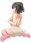  :d akagi_miria ass back black_hair blush breasts brown_eyes covering covering_breasts from_behind idolmaster idolmaster_cinderella_girls kneehighs large_breasts looking_at_viewer looking_back naughty_face open_mouth panties pink_legwear shift_(waage) short_hair sitting smile solo topless twintails two_side_up underwear underwear_only wariza white_panties 
