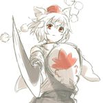  animal_ears bad_id bad_twitter_id bare_shoulders detached_sleeves fighting_stance hat inubashiri_momiji leaf looking_at_viewer maple_leaf nuqura pom_pom_(clothes) red_eyes shield short_hair simple_background solo sword tokin_hat touhou weapon white_background white_hair wide_sleeves wolf_ears 