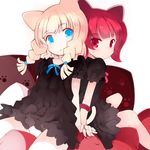  :&lt; animal_ears back-to-back black_dress blonde_hair blue_eyes braid cat_ears cat_tail couch dress eyebrows eyebrows_visible_through_hair holding_hands kurasuke looking_at_viewer looking_back multiple_girls original panties pantyshot pantyshot_(sitting) paw_print pillow red_eyes red_hair ribbon short_hair short_sleeves sitting tail twin_braids underwear white_panties 