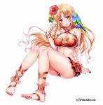  ankle_ribbon arm_support barefoot bikini bird blonde_hair blush bracelet breasts cleavage feet flower full_body hair_flower hair_ornament hibiscus hizuki_akira jewelry large_breasts long_hair looking_at_viewer nail_polish navel open_mouth original parrot parted_lips red_eyes red_nails ribbon sangoku_infinity shiny shiny_skin simple_background smile solo swimsuit taut_clothes white_background 