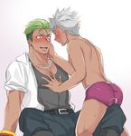  2boys belt blush boxer_briefs bracelet dark_skin earrings green_hair grey_hair jewelry jewlery king_of_prism_by_prettyrhythm male_focus multiple_boys nishina_kazuki otototo school_uniform sitting_on_person spiked_hair sweat tank_top underwear_only yamato_alexander yaoi 