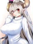  blush breasts covered_nipples draph granblue_fantasy grey_hair hair_between_eyes horns large_breasts long_hair looking_at_viewer open_mouth pointy_ears red_eyes ribbed_sweater smile solo sweater tenken_(gotannda) thalatha_(granblue_fantasy) 