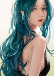  absurdres alternate_hairstyle aqua_eyes aqua_hair bare_shoulders black_dress colored_eyelashes dress earrings eyebrows g_q halterneck hatsune_miku highres jewelry lips long_hair looking_at_viewer looking_back no_headgear nose parted_lips realistic solo vocaloid 