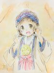  amayadori_machi brown_hair highres japanese_clothes jewelry kimono kumamiko miko multicolored multicolored_background necklace nii_manabu open_mouth pendant smile solo traditional_media twintails watercolor_(medium) yellow_eyes 