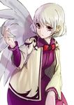  bad_id bad_twitter_id bow bowtie dress highres jacket kishin_sagume long_sleeves looking_at_viewer nuqura open_clothes open_jacket purple_dress purple_eyes short_hair silver_hair simple_background single_wing solo touhou white_background wings 