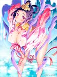  black_hair braid breasts covered_nipples dress french_braid hagoromo hair_rings hair_up hands_on_own_thighs large_breasts leaning_forward looking_at_viewer red_eyes shawl smile solo water watermark zasha 