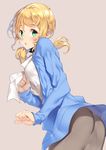  ass blonde_hair coat ellen_baker from_side green_eyes hair_ornament hair_scrunchie leaning_forward long_hair long_sleeves looking_at_viewer low_ponytail new_horizon open_clothes open_coat open_mouth scrunchie shirt skirt smile solo yappen 