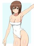  bob_cut breasts brown_eyes brown_hair casual_one-piece_swimsuit cleavage hagiwara_yukiho highleg highleg_swimsuit highres idolmaster idolmaster_(classic) kagemusha large_breasts one-piece_swimsuit short_hair solo strapless strapless_swimsuit swimsuit 