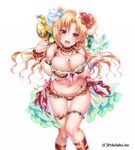 :d ankle_ribbon bikini bird blonde_hair blush bracelet breasts brooch flower hair_flower hair_ornament hibiscus hizuki_akira jewelry large_breasts long_hair looking_at_viewer nail_polish navel necklace open_mouth original parrot red_eyes ribbon sangoku_infinity simple_background smile solo swimsuit thighlet white_background 