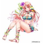  ankle_lace-up ankle_ribbon arm_support barefoot bikini bird blue_nails blush bracelet breasts brown_eyes cleavage cockatiel cross-laced_footwear feet flower full_body hair_flower hair_ornament hibiscus hizuki_akira jewelry large_breasts long_hair looking_at_viewer nail_polish navel open_mouth original parrot parted_lips pink_hair ribbon sangoku_infinity simple_background smile solo swimsuit toenail_polish toes white_background 