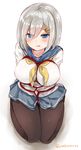  arms_behind_back bdsm black_legwear blue_eyes blush bound breasts chiune_(yachi) eyes_visible_through_hair hair_ornament hair_over_one_eye hairclip hamakaze_(kantai_collection) kantai_collection large_breasts neckerchief pantyhose pleated_skirt school_uniform serafuku short_hair silver_hair simple_background sitting skirt solo tied_up tongue twitter_username white_background yellow_neckwear 