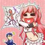  1girl bangs blue_hair blunt_bangs cu_chulainn_alter_(fate/grand_order) drawing fate/grand_order fate_(series) gloves heart heart_in_mouth kyouran_souryuu lancer medb_(fate)_(all) medb_(fate/grand_order) navel pink_hair tiara wall_of_text 