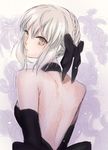  artoria_pendragon_(all) backless_dress backless_outfit black_bow black_gloves blonde_hair bow braid brown_eyes choker dress elbow_gloves expressionless fate/stay_night fate_(series) floral_background flower french_braid gloves hair_bow jun_(ash) lily_(flower) looking_at_viewer looking_back saber_alter short_hair solo upper_body 