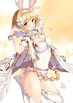  alternate_costume animal_ears blonde_hair blush boots breasts brown_eyes bunny_ears bunny_tail cape cleavage djeeta_(granblue_fantasy) fake_animal_ears granblue_fantasy hair_ornament high_heel_boots high_heels highres kasappi large_breasts leotard looking_at_viewer open_mouth sage_(granblue_fantasy) short_hair solo tail thigh_boots thighhighs white_footwear white_legwear wrist_cuffs 