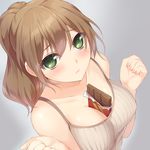  bad_id bad_pixiv_id bangs blush breasts brown_hair camisole chocolate chocolate_bar closed_mouth collarbone eyebrows eyebrows_visible_through_hair food food_between_breasts from_above green_eyes grey_background hair_between_eyes hmniao large_breasts long_hair looking_at_viewer nail_polish original pink_nails ringed_eyes sexually_suggestive sleeveless solo upper_body 