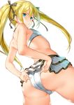  adjusting_clothes adjusting_swimsuit ass bangs bikini black_ribbon blonde_hair blue_eyes breasts cowboy_shot dead_or_alive dutch_angle eyebrows eyebrows_visible_through_hair frilled_bikini frills from_behind from_below hair_ribbon long_hair looking_at_viewer looking_back marie_rose ribbon saburou_(hgmg) simple_background small_breasts solo standing swimsuit thighs twintails white_background white_bikini 