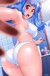  armpits artist_name ass bare_shoulders bathroom blue_hair blurry blush bottle bra breasts depth_of_field dripping fingers frilled_panties frills glint hidden_camera highres hitmann holding_lipstick indoors large_breasts lingerie lipstick looking_back makeup mirror outstretched_arm panties pink_eyes reflection short_hair short_twintails sideboob solo surprised sweatdrop tile_wall tiles twintails underwear underwear_only washbowl water white_bra white_panties 