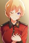  ;) arito_arayuru beige_background blonde_hair blush braid breasts buttons closed_mouth collar darjeeling french_braid girls_und_panzer hands_on_own_chest head_tilt highres large_breasts long_sleeves military military_uniform one_eye_closed purple_eyes short_hair simple_background sleeve_cuffs smile solo st._gloriana's_military_uniform tareme teasing uniform upper_body 