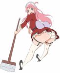  1girl ahoge ass black_footwear blush_stickers broom elel185 frilled_sleeves frills hair_ornament high_heels holding holding_broom leaning_forward long_hair long_sleeves looking_at_viewer looking_back maid_headdress nono_(top_wo_nerae_2!) open_mouth panties pink_hair ribbon round_teeth shoes simple_background smile solo symbol-shaped_pupils teeth thighhighs top_wo_nerae_2! underwear white_background white_legwear white_panties 
